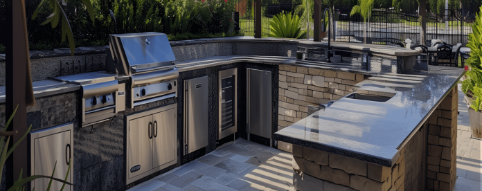 outdoor kitchen with fireplace