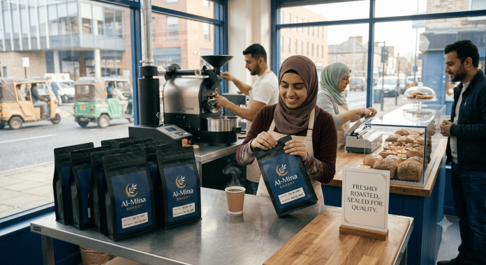 Bakery staff sealing custom-branded Al-Mina Bakery coffee bags at a counter, with coffee roasting equipment and freshly baked goods displayed nearby