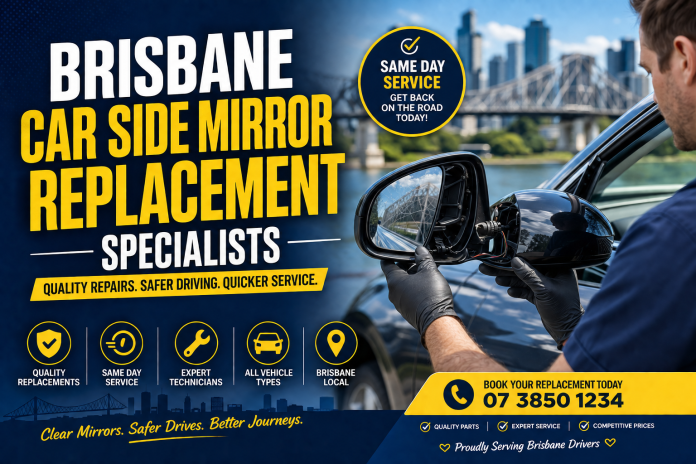 Brisbane car side mirror replacement specialists repairing a damaged vehicle mirror.