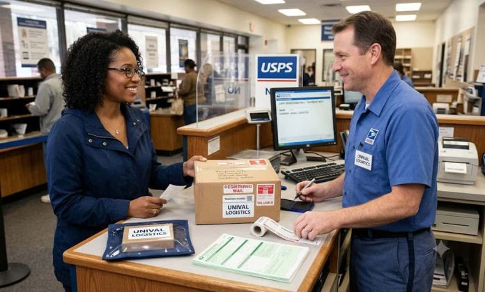 USPS registered mail jewelry guide covering declared value rules and $150,000 shipping coverage with UNIVAL Logistics.